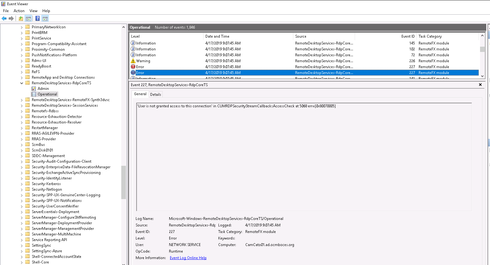 Microsoft-Windows-RemoteDesktopServices-RdpCoreTS/Operational log